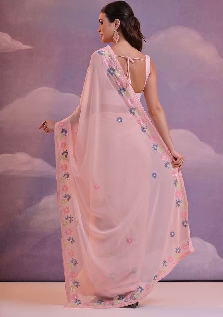 Pink Sequin Embroidered Georgette Saree Set - Indya