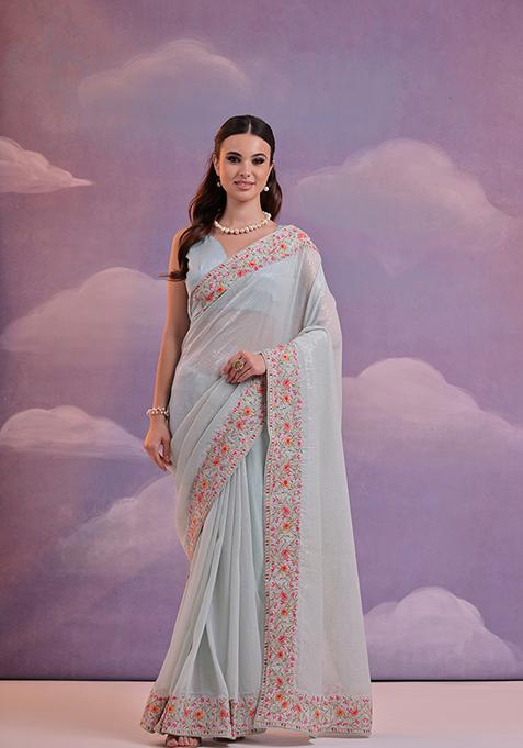 Sky Blue Sequin Embroidered Georgette Saree Set