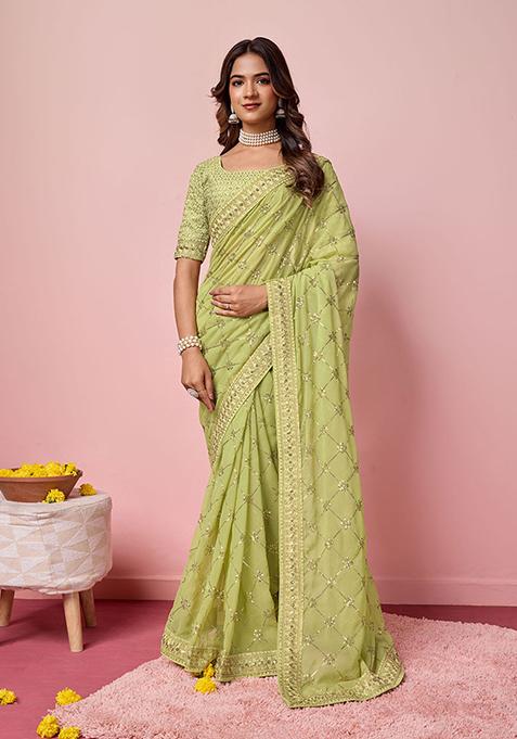 Green Sequin Embroidered Georgette Saree Set