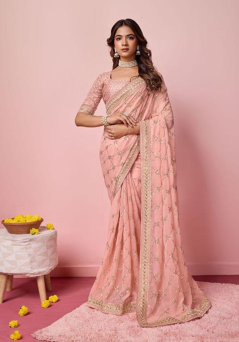 Pink Sequin Embroidered Georgette Saree Set