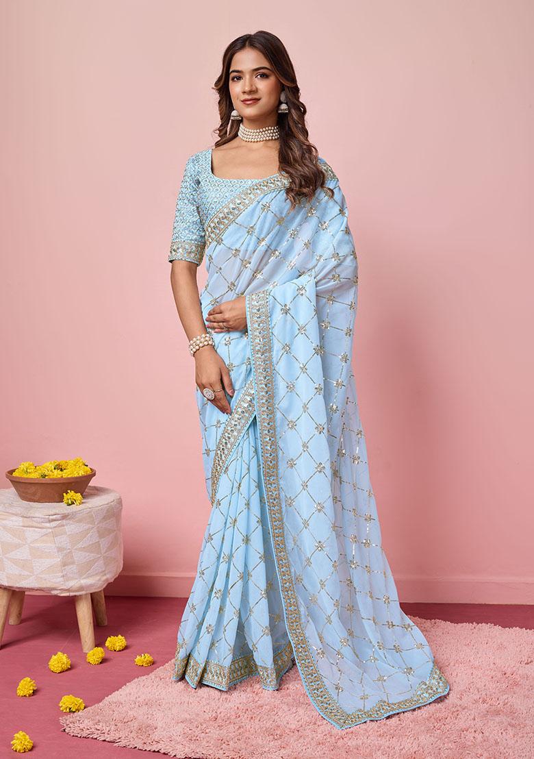 Sky Blue Sequin Embroidered Georgette Saree Set