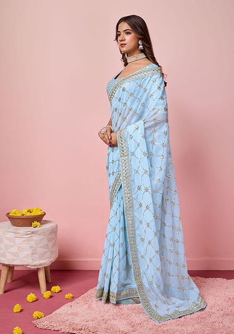 Sky Blue Sequin Embroidered Georgette Saree Set