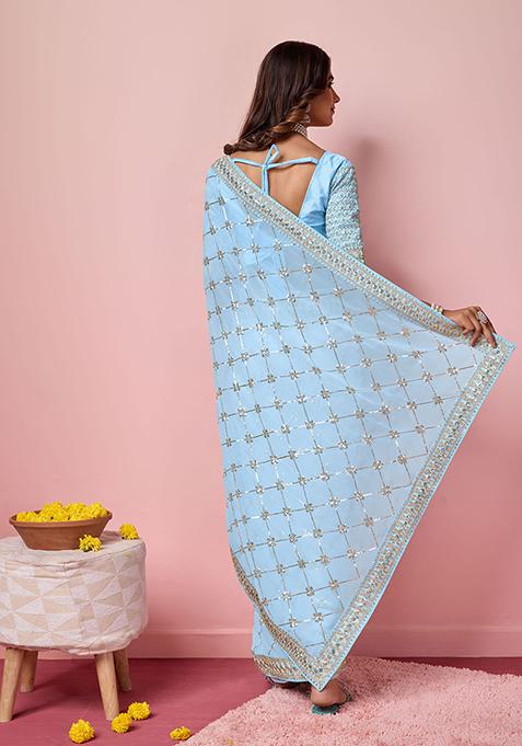 Sky Blue Sequin Embroidered Georgette Saree Set