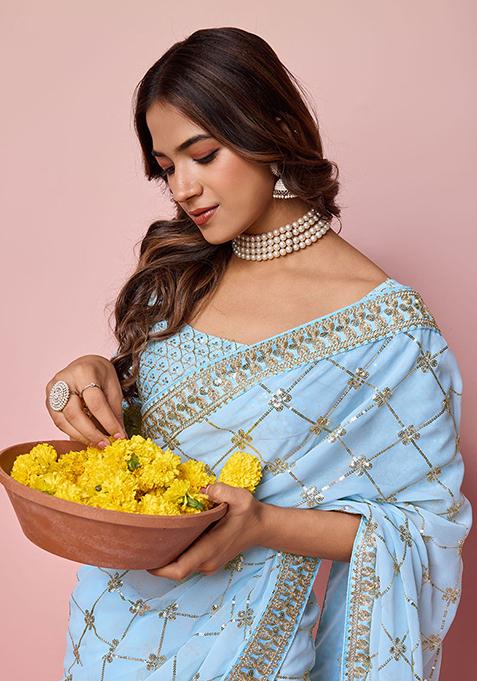 Sky Blue Sequin Embroidered Georgette Saree Set