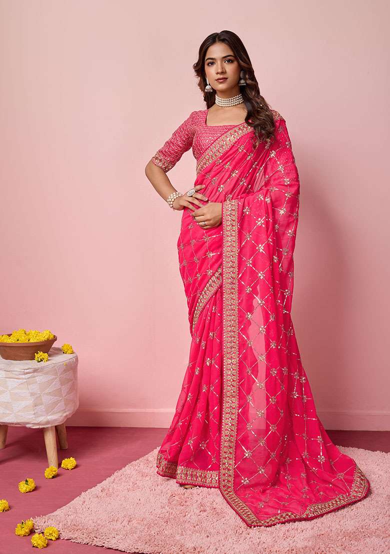 Pink Sequin Embroidered Georgette Saree Set - Indya