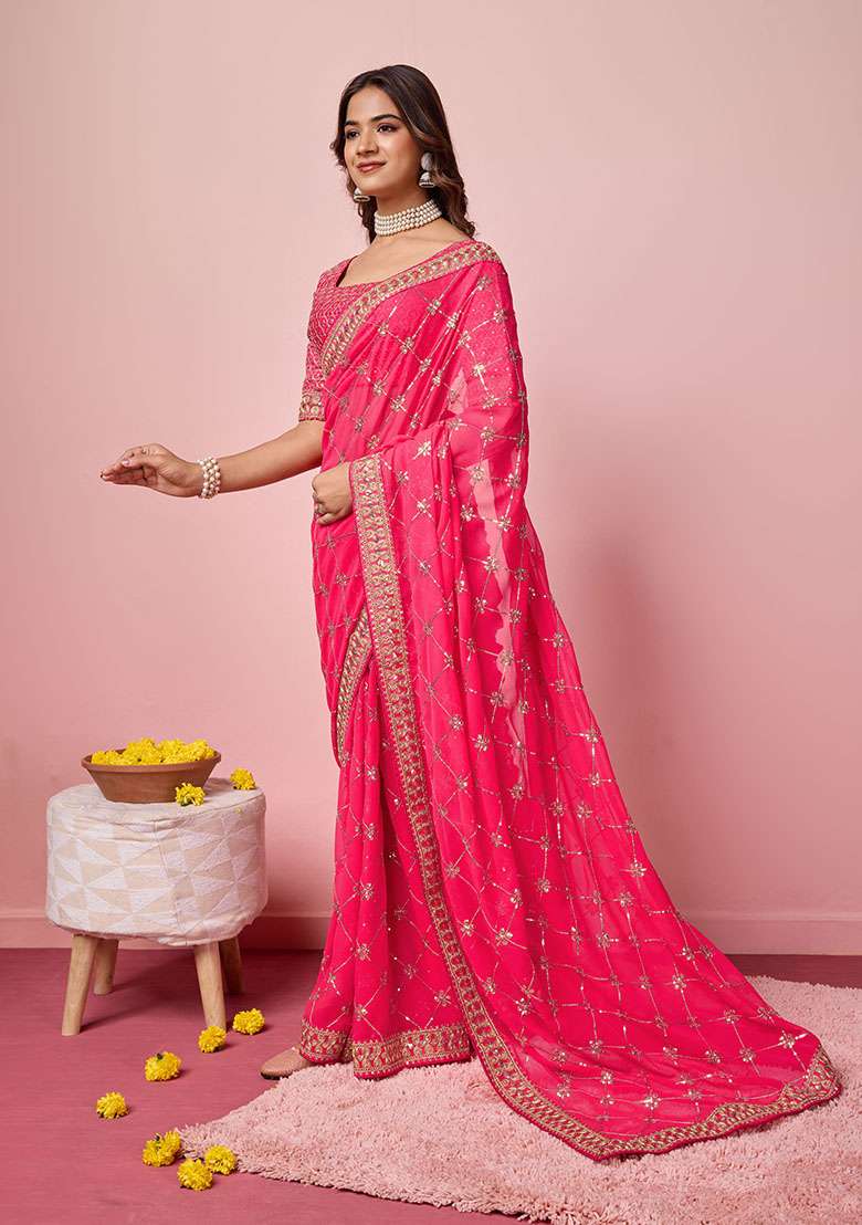 Pink Sequin Embroidered Georgette Saree Set - Indya
