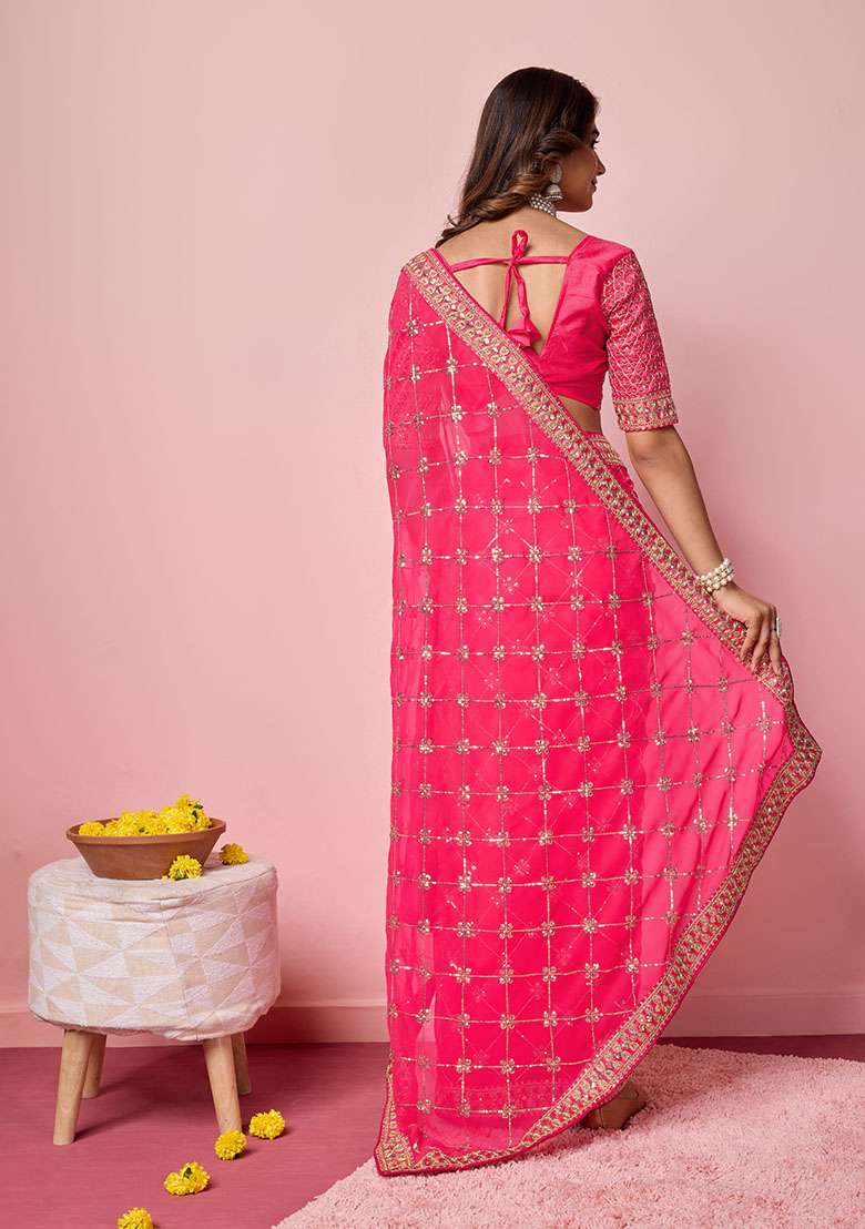 Pink Sequin Embroidered Georgette Saree Set - Indya