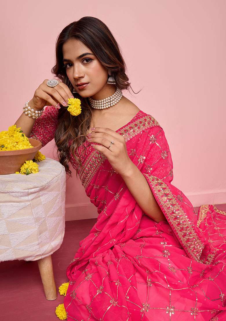 Pink Sequin Embroidered Georgette Saree Set - Indya