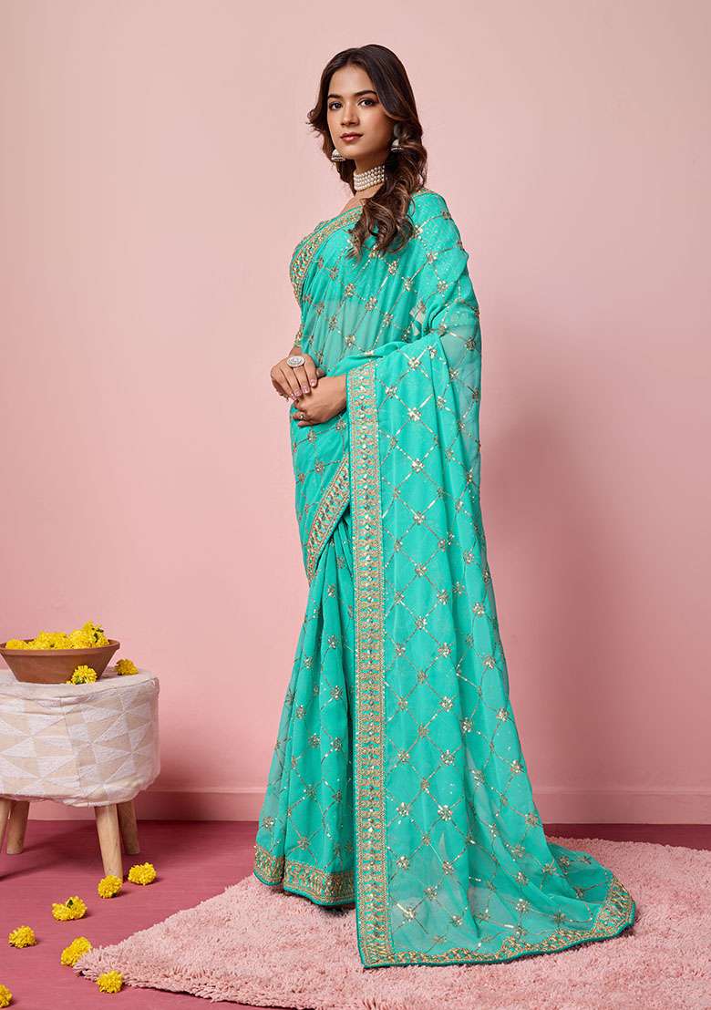 Sea Green Sequin Embroidered Georgette Saree Set - Indya