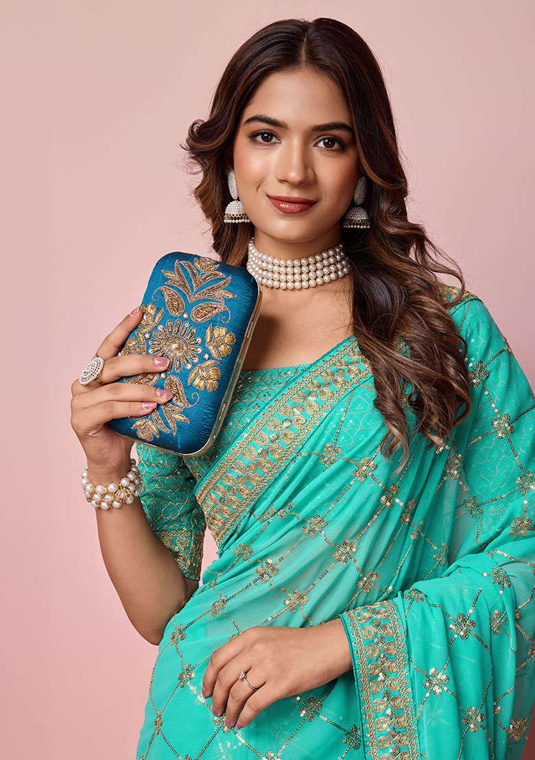 Sea Green Sequin Embroidered Georgette Saree Set - Indya