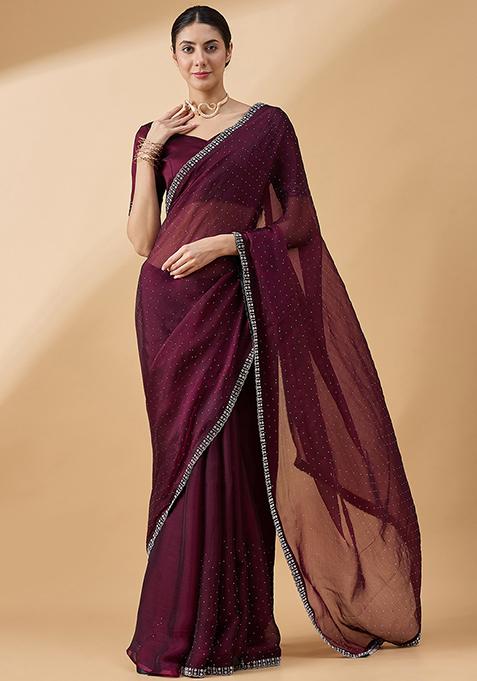 Purple Swarovski Work Organza Saree Set