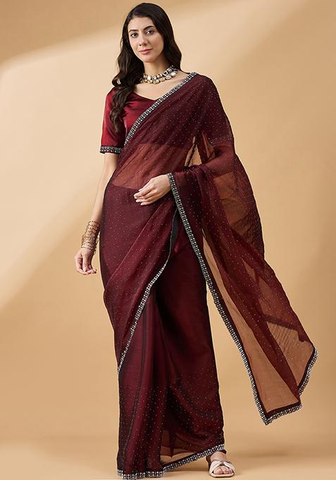 Brown Swarovski Work Organza Saree Set