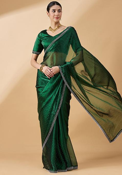 Green Swarovski Work Organza Saree Set