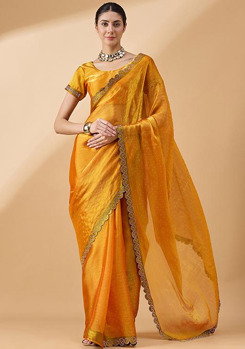 Mustard Yellow Swarovski Work Organza Saree Set