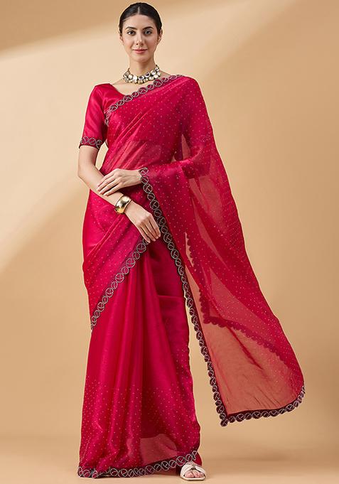 Pink Swarovski Work Organza Saree Set