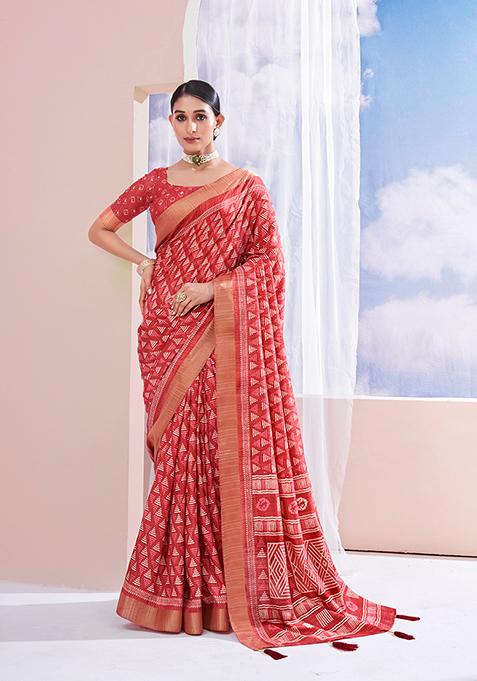 Brink Pink Woven Printed Dolla Silk Saree Set