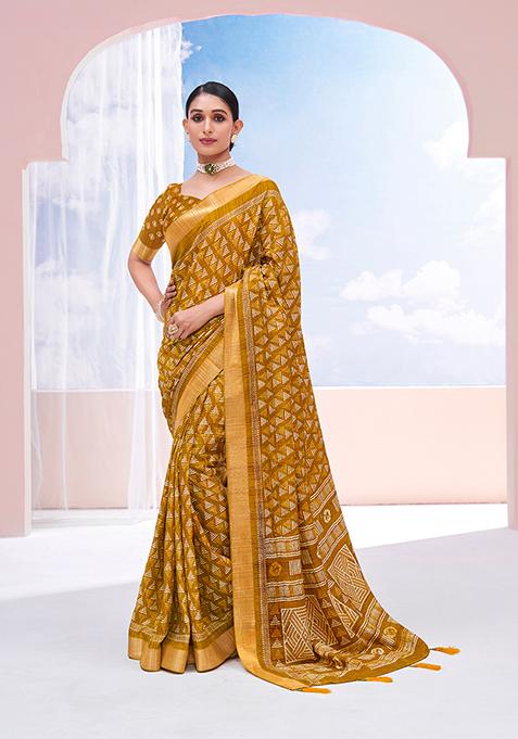 Pirate Golden Woven Printed Dolla Silk Saree Set