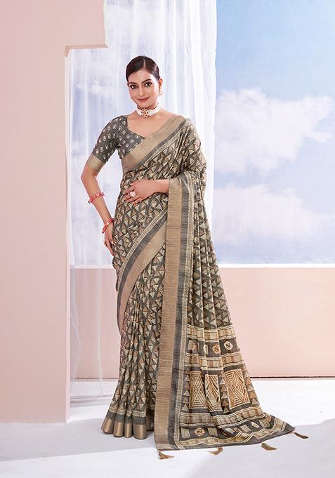 Taupe Grey Woven Printed Dolla Silk Saree Set