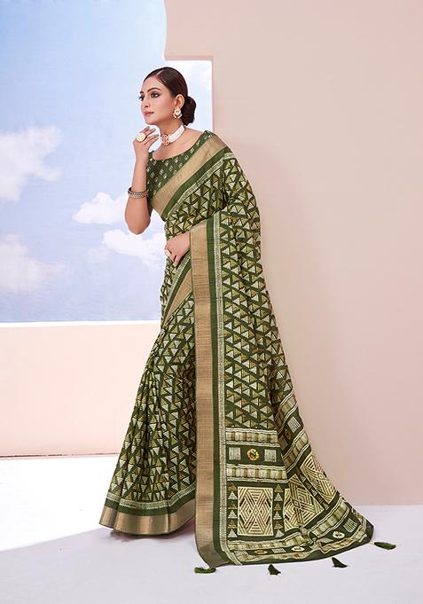 Camo Green Woven Printed Dolla Silk Saree Set