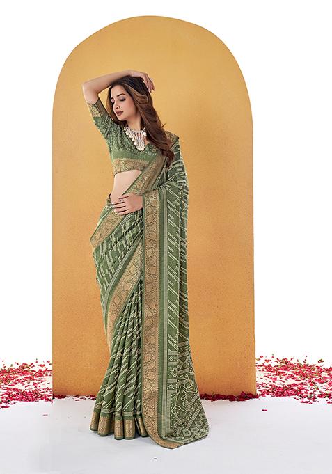 Green Woven Printed Dolla Silk Saree Set