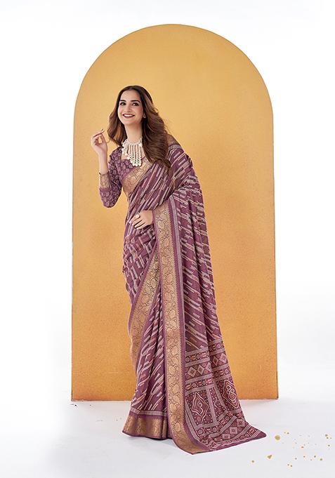 Purple Mauve Woven Printed Dolla Silk Saree Set