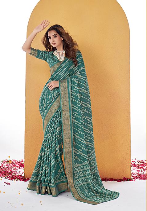 Mineral Green Woven Printed Dolla Silk Saree Set