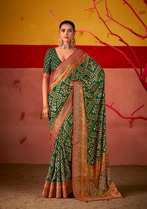 Bottle Green Woven Printed Silk Saree Set