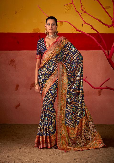 Ebony Clay Blue Woven Printed Silk Saree Set