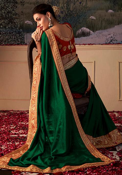 Bottle Green Woven Embroidered Vichitra Saree Set