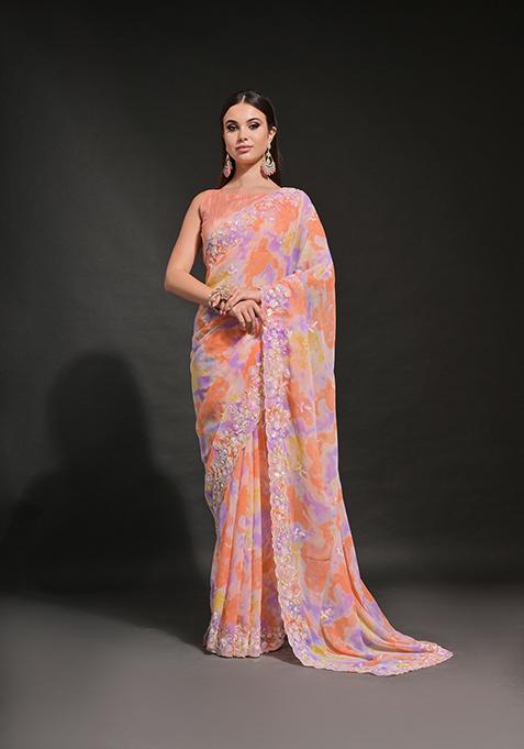 Orange Prism Print Embroidered Georgette Saree Set