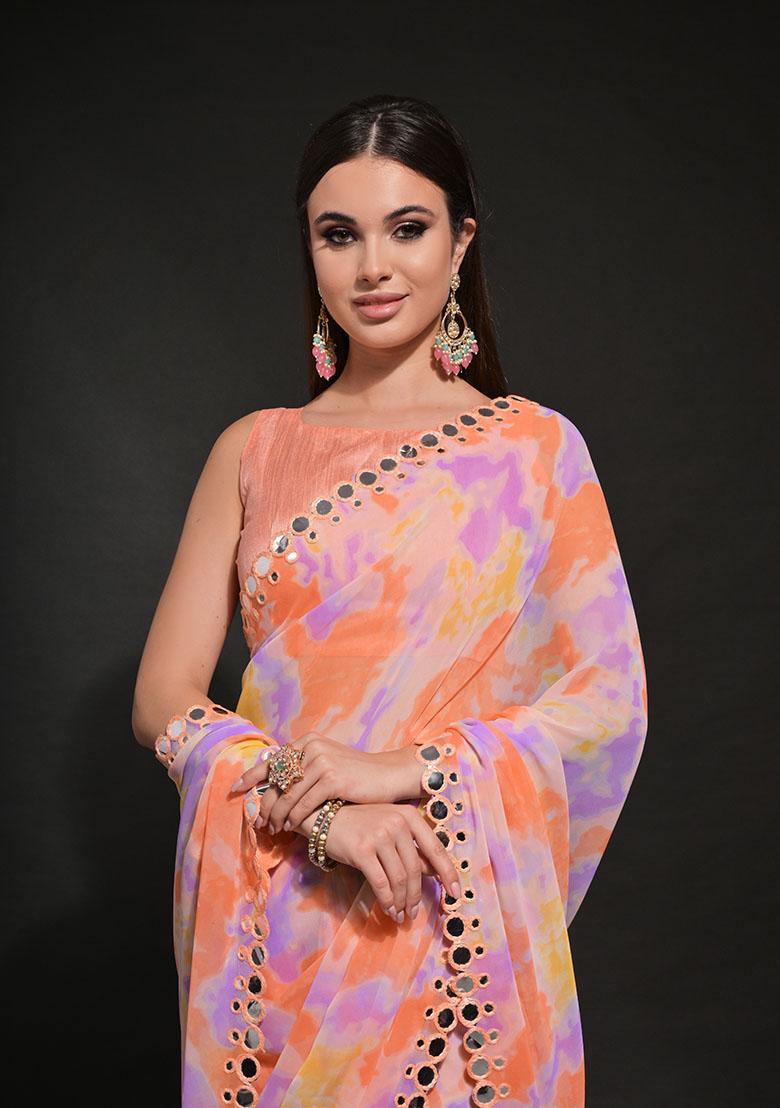 Orange Prism Print Embroidered Georgette Saree Set