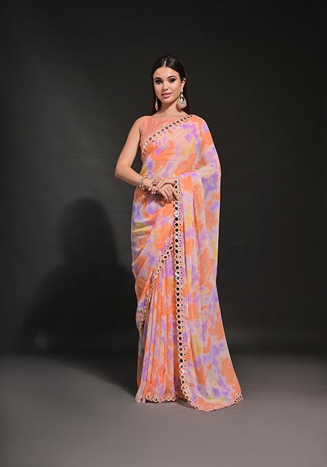Orange Prism Print Embroidered Georgette Saree Set