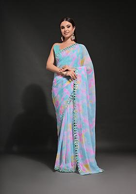 Blue Prism Print Embroidered Georgette Saree Set