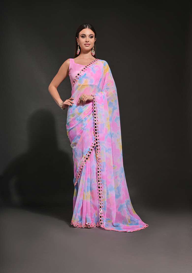 Pink Prism Print Embroidered Georgette Saree Set - Indya