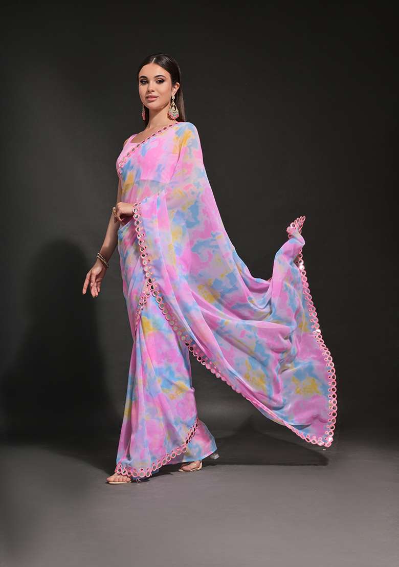 Pink Prism Print Embroidered Georgette Saree Set - Indya