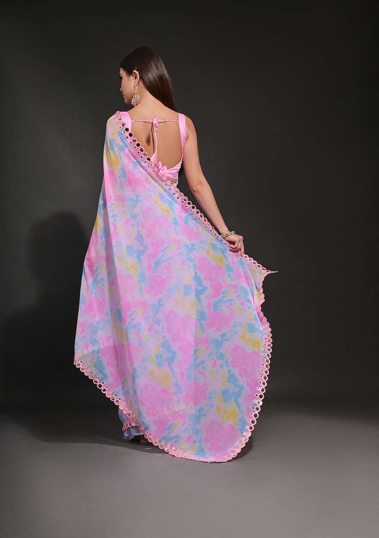 Pink Prism Print Embroidered Georgette Saree Set - Indya
