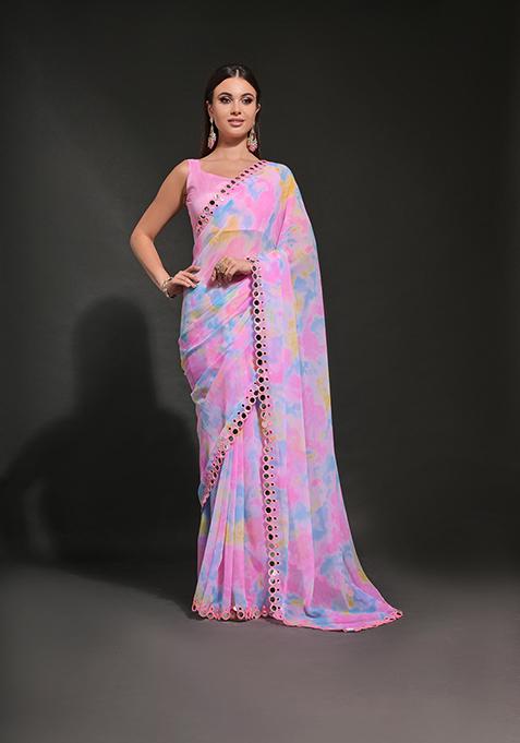 Pink Prism Print Embroidered Georgette Saree Set