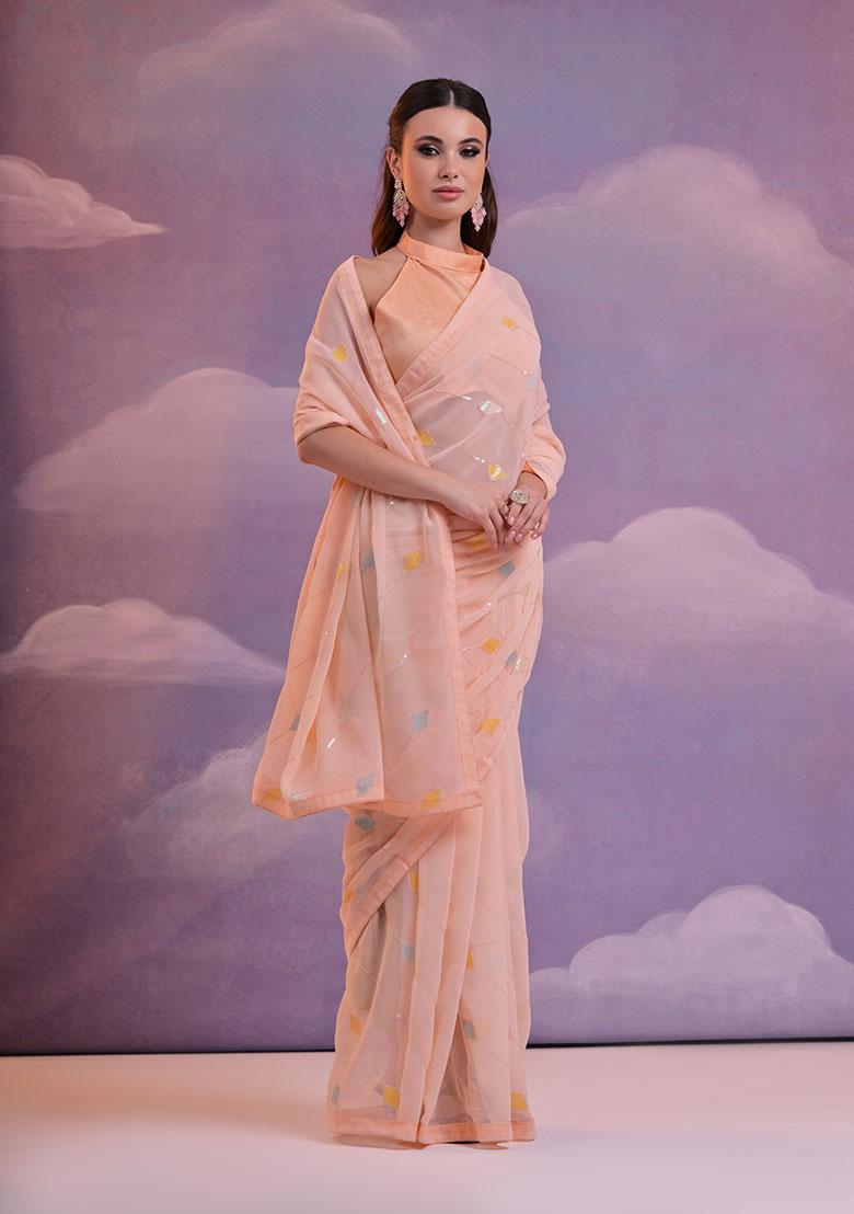 Orange Sequin Embroidered Georgette Saree Set