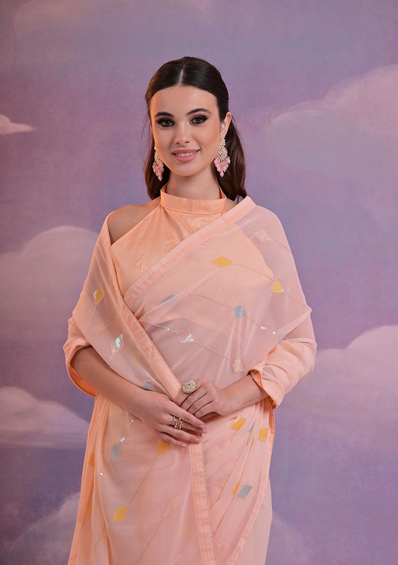 Orange Sequin Embroidered Georgette Saree Set