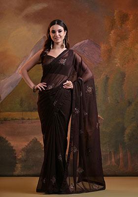 Coffee Brown Sequin Embroidered Georgette Saree Set
