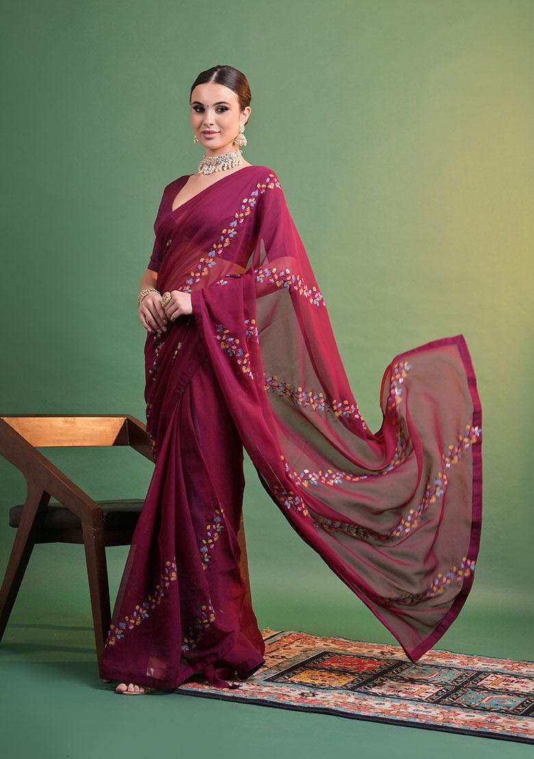 Wine Sequin Embroidered Georgette Saree Set