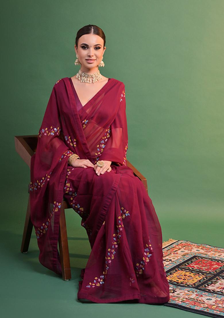 Wine Sequin Embroidered Georgette Saree Set