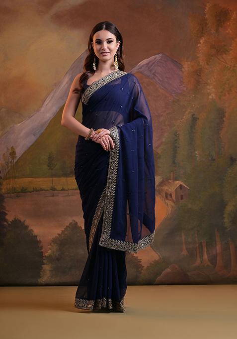 Blue Sequin Embroidered Georgette Saree Set