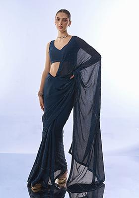Teal Blue Swarovski Work Satin Chiffon Saree Set