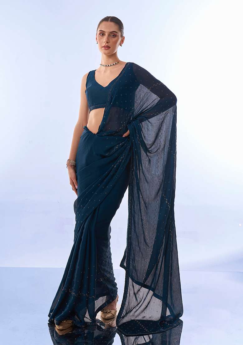 Teal Blue Swarovski Work Satin Chiffon Saree Set for Diwali and Festive Wear - Indya