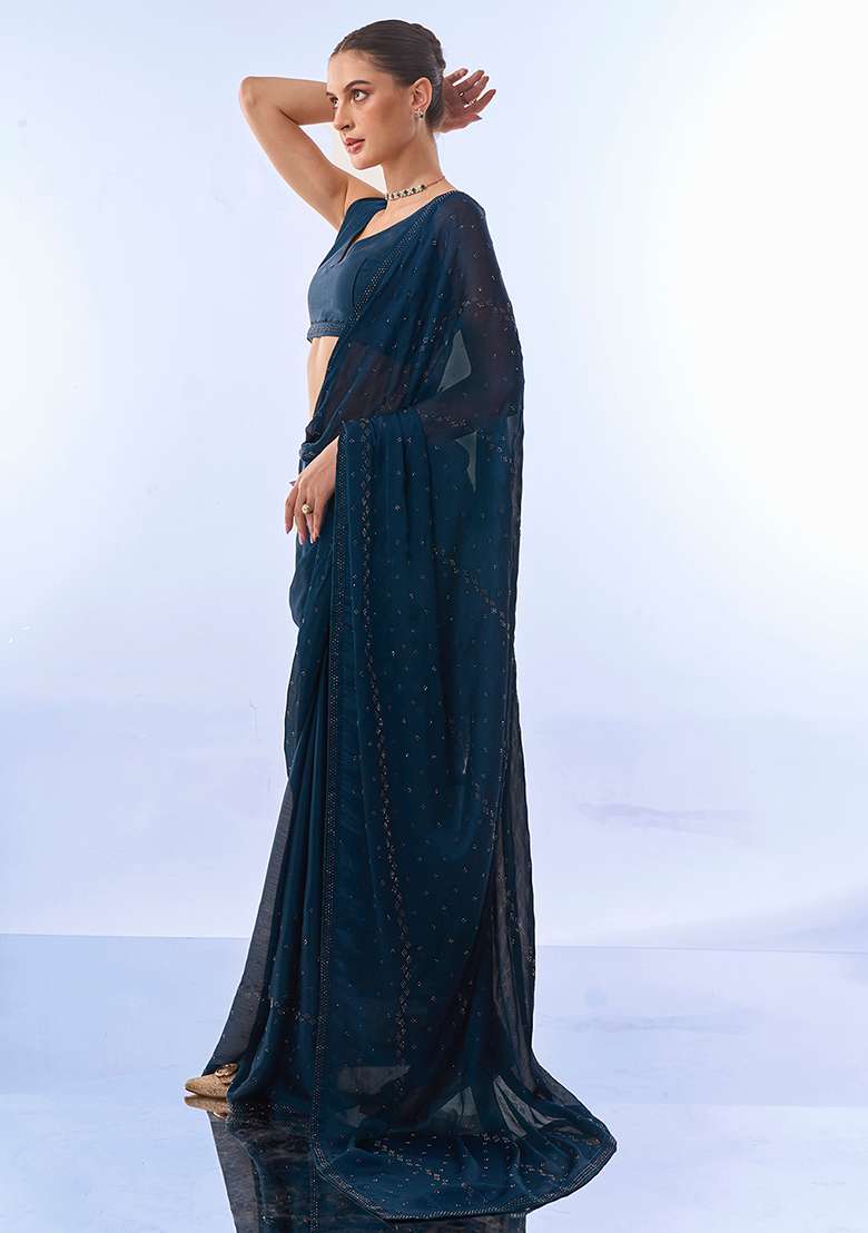 Teal Blue Swarovski Work Satin Chiffon Saree Set for Diwali and Festive Wear - Indya