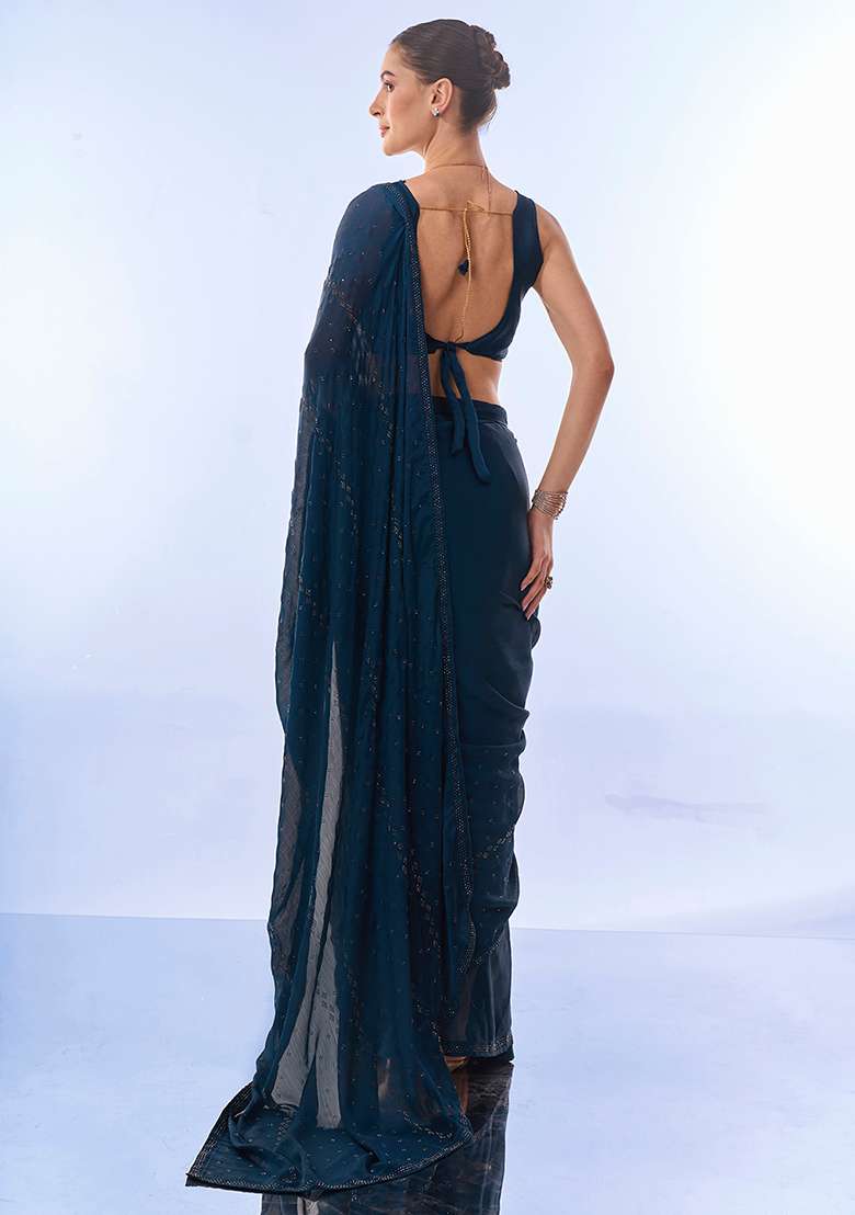 Teal Blue Swarovski Work Satin Chiffon Saree Set for Diwali and Festive Wear - Indya