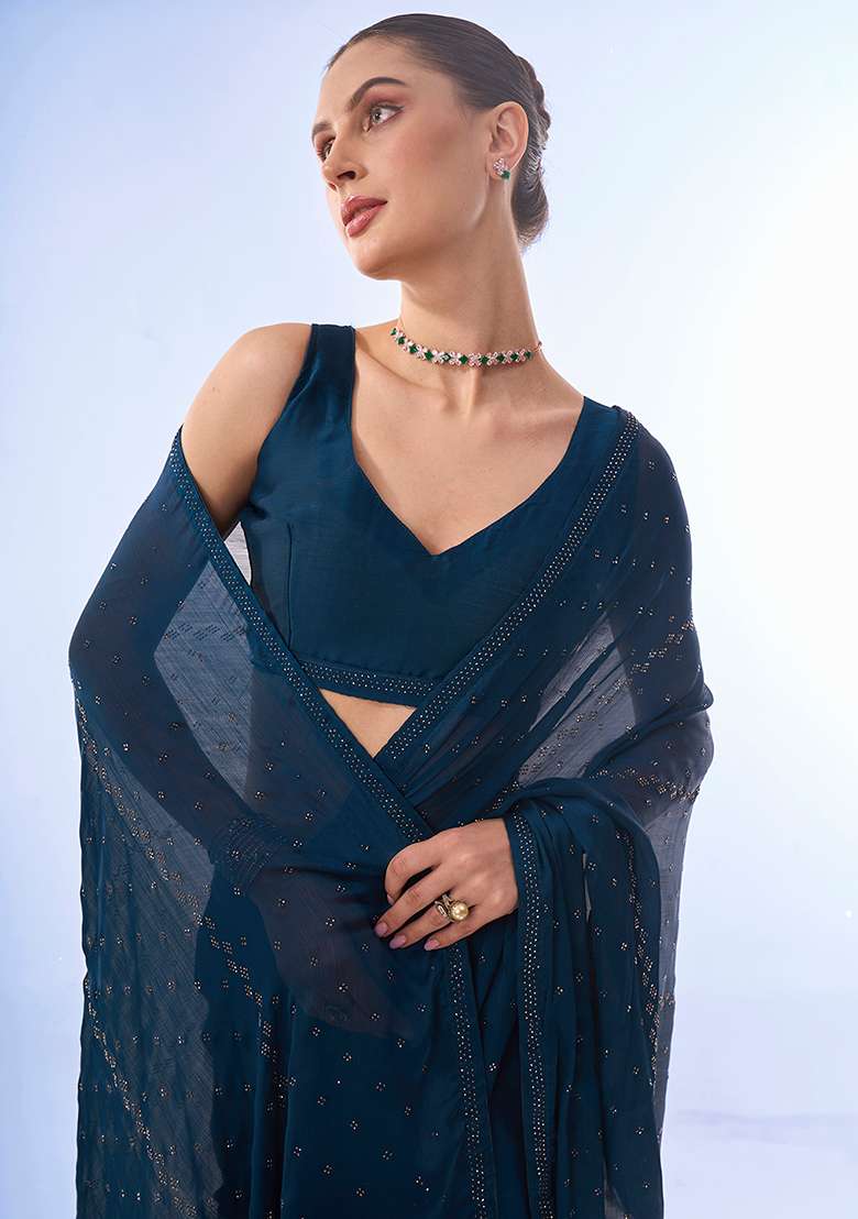 Teal Blue Swarovski Work Satin Chiffon Saree Set for Diwali and Festive Wear - Indya