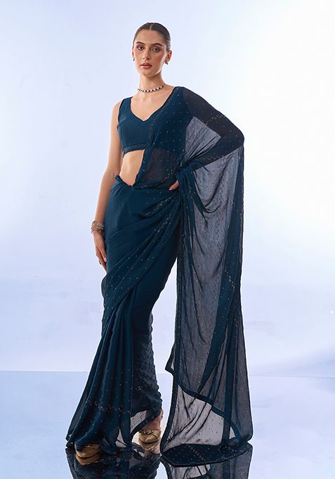 Teal Blue Swarovski Work Satin Chiffon Saree Set