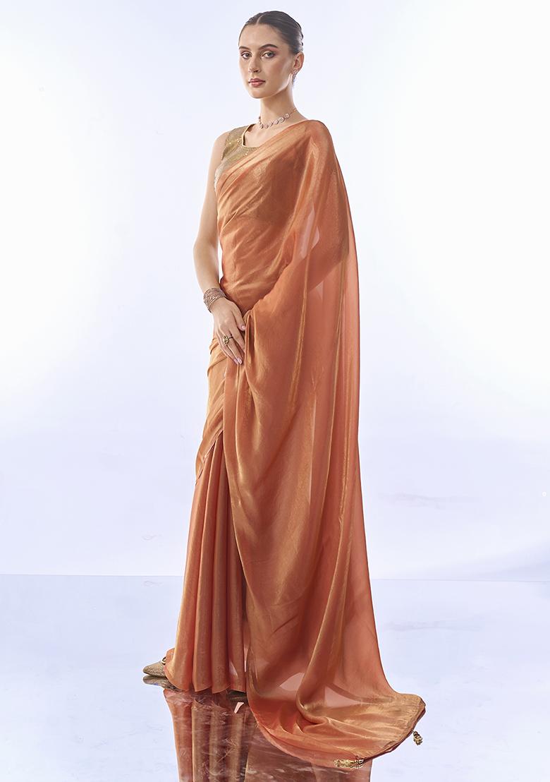 Rust Swarovski Work Fendi Saree Set